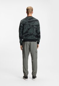 Άνδρας με κοντά ξανθά μαλλιά, φορώντας μαύρο και γκρι πουλόβερ με σχέδια, γκρι παντελόνι cargo και μαύρα αθλητικά παπούτσια, στέκεται με πλάτη προς το μέρος μας.