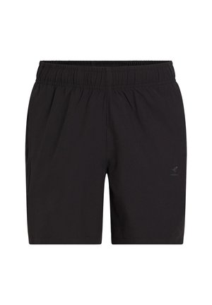 Schwarze Shorts mit elastischem Bund, seitlichen Taschen und kleinem Logo am rechten Bein, geeignet für Freizeit und sportliche Aktivitäten.