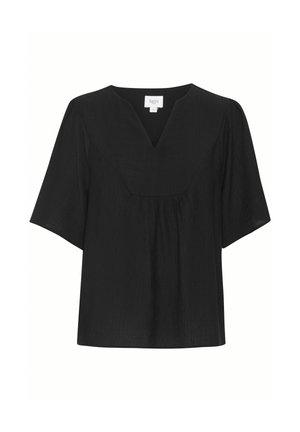 Czarny krótki top z rękawami, z dekoltem w kształcie litery V, z teksturowanej tkaniny, z dopasowanym fasonem i subtelnym marszczeniem poniżej dekoltu.