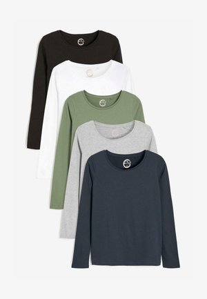 Five long-sleeve shirts in black, white, olive green, gray, and navy. Each features a rounded neckline and soft texture.
