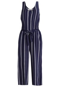 Combinaison sans manches bleu marine à rayures blanches verticales feuillues, boutons sur le devant, ceinture en tissu nouée à la taille, et pantalon à jambes larges.