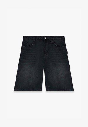 Zwarte denim shorts met een rechte snit, voorzakken en een knoopsluiting. Heeft subtiele stiksels en een lus voor accessoires.