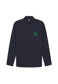 Marine blauwe pullover met lange mouwen en een kraag met rits. Voorzien van een groen 'LS' logo op de linkerborst. Gemaakt van een zachte, gladde stof.