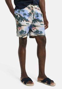 Zwemshorts met een tropisch patroon van palmbomen in blauw, beige en groen. Gemaakt van lichtgewicht stof met een elastische tailleband.