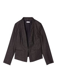 Black blazer with a textured pattern, long sleeves, open front, and two front pockets. Smooth lining, tailored fit.