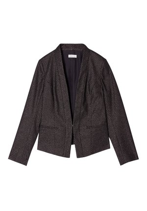 Schwarzer Blazer mit strukturiertem Muster, langen Ärmeln, offener Vorderseite und zwei vorderen Taschen. Glattes Futter, taillierte Passform.