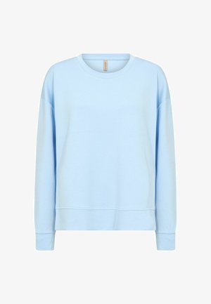 Hellblaues Sweatshirt aus weichem Stoff, mit Rundhalsausschnitt, langen Ärmeln, gerippten Bündchen und legerem Schnitt für Komfort.
