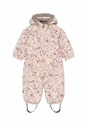 Combinaison de neige pour bébé avec capuche, poignets élastiques, sangles aux pieds, et motif floral et de baies roses sur fond crème.