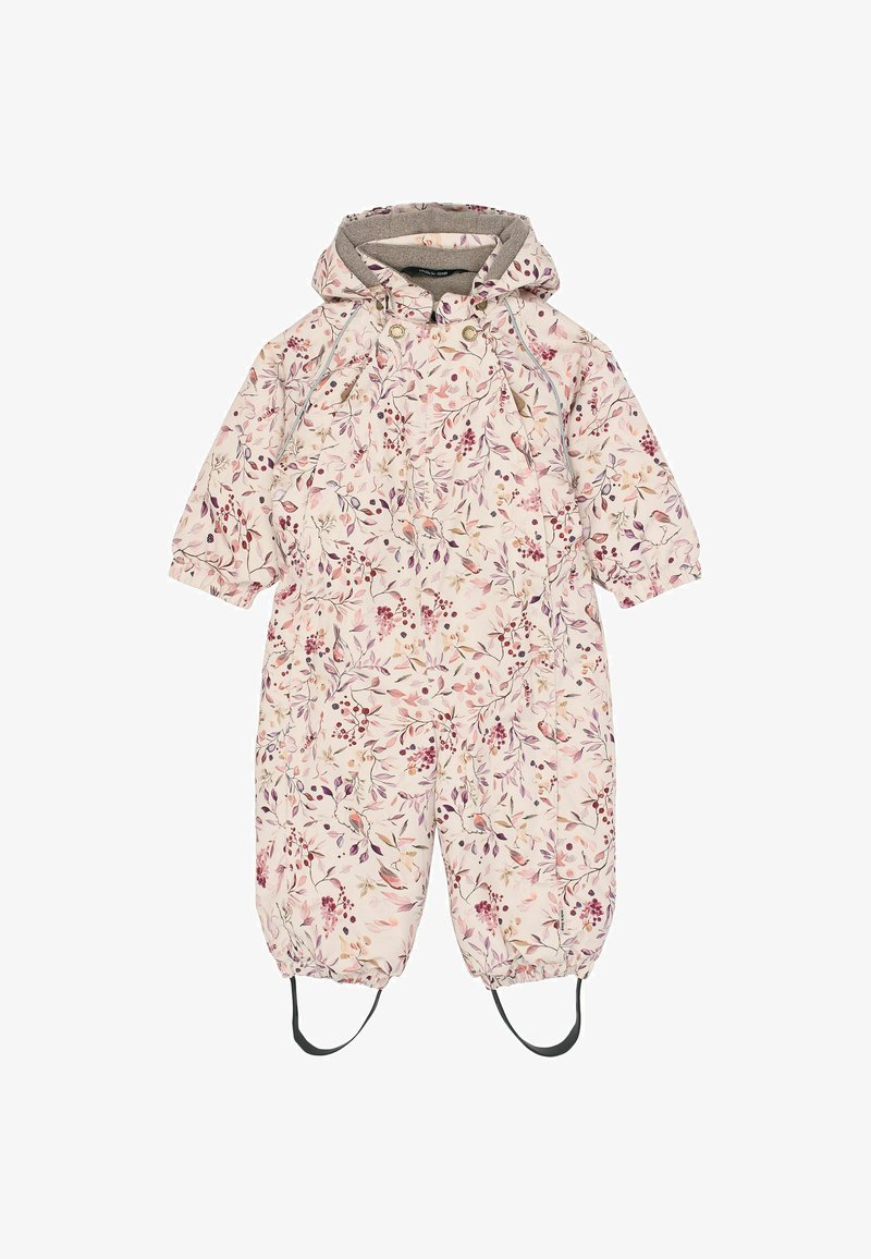 Combinaison de neige pour bébé avec capuche, poignets élastiques, sangles aux pieds, et motif floral et de baies roses sur fond crème.