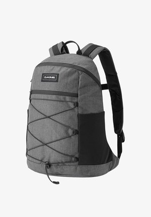 Gray Dakine backpack with black adjustable straps, front zip pocket, side mesh pockets, and elastic cord crisscross on front panel.