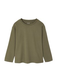Langarmshirt aus olivgrünem Baumwollstoff, mit rundem Halsausschnitt und lockerer Passform. Glatte Textur ohne sichtbare Muster oder Akzente.