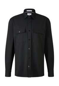 Black long-sleeve shirt made of textured fabric, featuring a button-down front, two chest pockets, and dark buttons for accent.