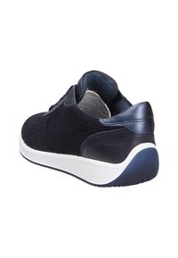 Navy blue knit athletic shoe with leather accents, rounded toe, white sole, and textured back. Features laces and padded collar.