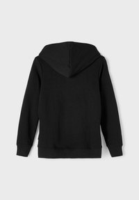 Felpa nera con tasca frontale a marsupio, cappuccio con cordino e polsini e orlo a coste. Tessuto liscio, design semplice, senza motivi visibili.