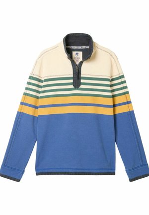 Pullover in Creme, Blau, Grün und Gelb mit horizontalen Streifen. Verfügt über einen Viertel-Reißverschluss, weichen Stoff sowie kontrastierende Bündchen und Kragen.