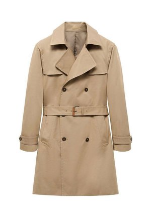 Gabardina beige hecha de algodón con un diseño de doble botonadura, solapas amplias, cintura ceñida con cinturón y puños abotonados. Cuenta con dos bolsillos laterales.