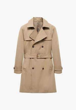Beige trench coat made of cotton with a double-breasted design, wide lapels, belted waist, and buttoned cuffs. Features two side pockets.