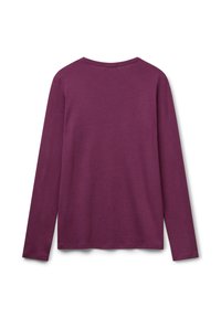 Chemise à manches longues de couleur violet profond, avec un col rond et une texture douce. La vue de dos montre un design simple et épuré sans embellissements.