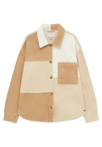 Chemise en velours côtelé boutonnée avec un motif patchwork en beige, crème et marron clair, dotée d'un col et d'une poche poitrine.