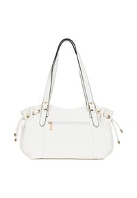 Witte leren handtas met zwarte banden, geschroefde vormgeving, gouden hardware accenten en een voorvak met rits. Gladde textuur overal.