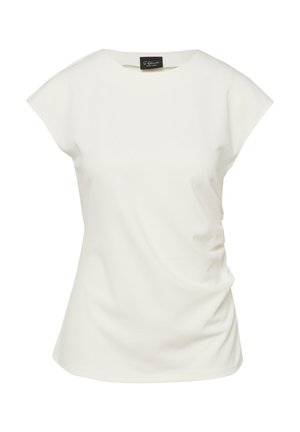 Biała damska bluzka z krótkim rękawem, o okrągłym dekolcie i marszczeniem po bokach, wykonana z gładkiej tkaniny.