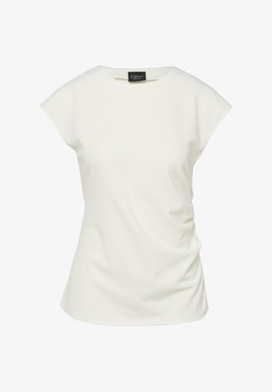 Biała damska bluzka z krótkim rękawem, o okrągłym dekolcie i marszczeniem po bokach, wykonana z gładkiej tkaniny.