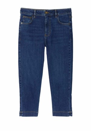 Mørkeblå slim-fit denimjeans med forlommer, bæltestropper, knaplukning og ankelåbninger på hvid baggrund.