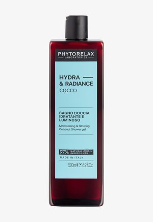 Phytorelax Hydra & Radiance kokos showergel, 500 ml mørkerød flaske med blå label, fugtgivende og strålende, 97 % naturlige ingredienser.