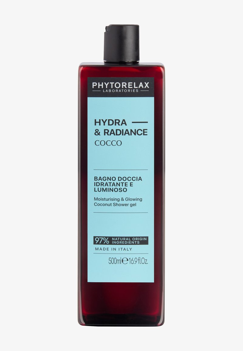 Gel douche Phytorelax Hydra & Radiance noix de coco, flacon rouge foncé de 500 ml avec étiquette bleue, hydratant et éclatant, 97 % d'ingrédients naturels.