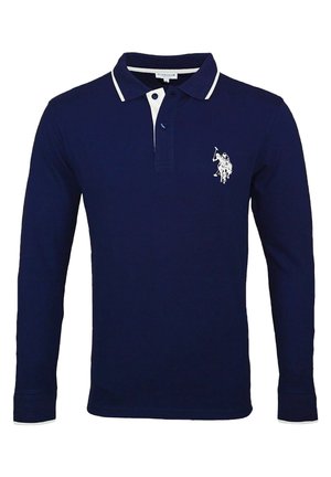 Marineblaues Langarm-Poloshirt aus Baumwolle, mit weißem Kragenbesatz und einem aufgestickten Logo eines Ritters auf einem Pferd auf der linken Brust.