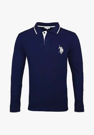 Polo à manches longues bleu marine en coton, avec un col blanc et un logo brodé représentant un chevalier à cheval sur le côté gauche de la poitrine.