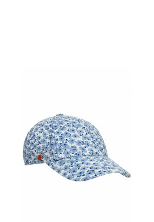 Blue and white floral patterned baseball cap with curved brim and small round red logo on the side.