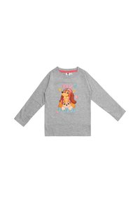 Maglietta grigia a maniche lunghe con scollo rosa, caratterizzata da una stampa colorata di due cani dei cartoni animati e la scritta "PAW PATROL".