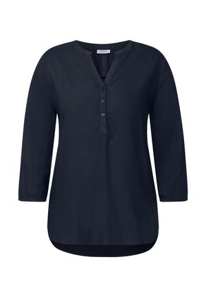 Navy blue tunic with a V-neck and three buttons. Features long sleeves with elastic cuffs and a rounded hem. Made from smooth fabric.
