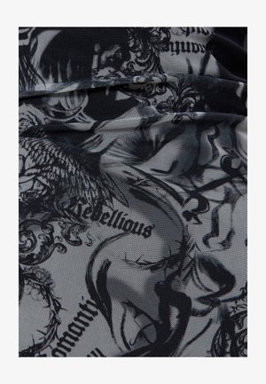 Tejido elástico con un estampado en negro y gris que presenta diseños abstractos y la palabra "rebosante". Textura suave con una apariencia similar a una malla.