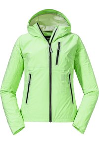 Hellgrüne wasserdichte Jacke mit Kapuze, ausgestattet mit zwei schwarzen Reißverschlusstaschen, verstellbaren Kordeln und einem schlanken, leichten Design.