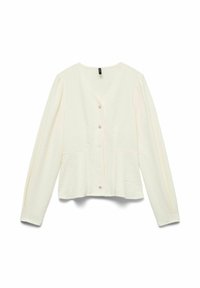 Jasnokremowy kardigan na długi rękaw z dekoltem w serek, wykonany z fakturowanej tkaniny, zapinany na trzy guziki z przodu. Posiada boczne kieszenie i luźny krój.