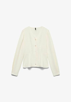 Svijetlo kremasti kardigan dugih rukava s V-izrezom, teksturiranim tkanjem i tri gumba sprijeda. Ima bočne džepove i opušteni kroj.