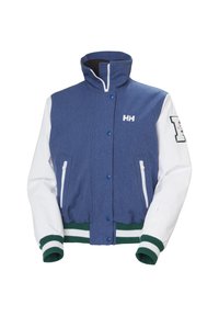 Blauwe en witte varsity-stijl jas, met een hoge kraag, ritssluiting, twee zijzakken en groene ribgebreide manchetten en zoom. HH-logo op de borst.