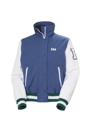 Blau-weiße Collegejacke im Stil mit hohem Kragen, Reißverschluss, zwei Seitentaschen und grünen Rippstrickbündchen sowie Saum. HH-Logo auf der Brust.
