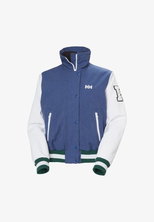 Blauwe en witte varsity-stijl jas, met een hoge kraag, ritssluiting, twee zijzakken en groene ribgebreide manchetten en zoom. HH-logo op de borst.