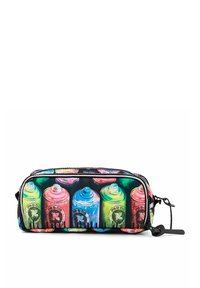 Bolsa de cosméticos colorida con un patrón de latas de pintura en spray en rosa, azul, verde y amarillo sobre un fondo negro, con cierre de cremallera.