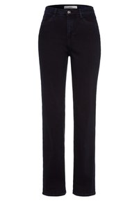 Musta farkut suoran lahkeen leikkauksella ja keskikorkealla vyötäröllä, joissa on viisi taskua, etuvetoketju ja yksinkertainen helma ilman koristeluja.