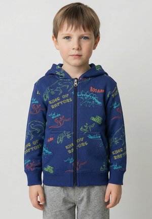 Marineblauer Kapuzenpullover mit Reißverschluss und bunten Dinosaurier-Grafiken, mit Kängurutasche und gerippten Bündchen. Kombiniert mit grauen Jogginghosen.