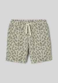 Short en tissu éponge doux avec taille élastique et nœud devant, présentant un motif abstrait léopard vert et beige.