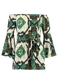 Blusa scollata con maniche a campana, verde, nera, bianca e con un motivo geometrico e a catena dorato, con cintura legata in vita.