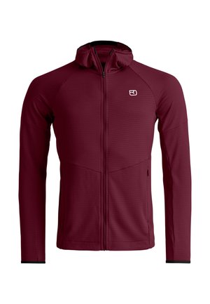 Maroon full-zip hooded jacket with long sleeves, slim fit, and a small white logo on the left chest.