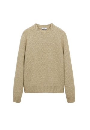 Beige tröja med ett strukturerat stickat mönster, rund halsringning och ribbade muddar och nederkant. Enkel, avslappnad design som passar för vardagsbruk.