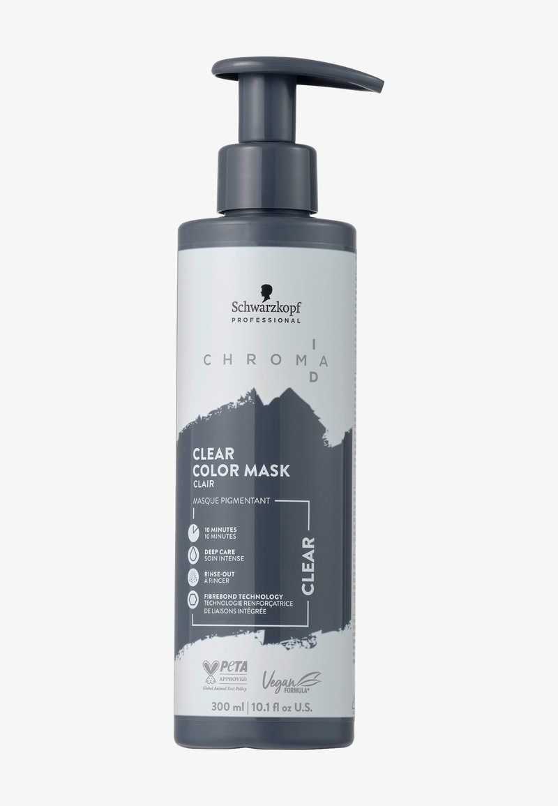 Maschera per colori Chroma ID Clear di Schwarzkopf, 300ml, confezionata in una bottiglia grigia con un erogatore a pompa, presenta un design minimalista e dettagli di etichettatura del prodotto.