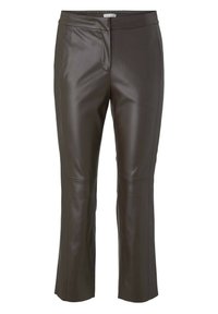 Bruna konstläderbyxor, slim fit med en lätt utsvängd stil, med platt framsida, sidofickor och slät, glänsande textur.